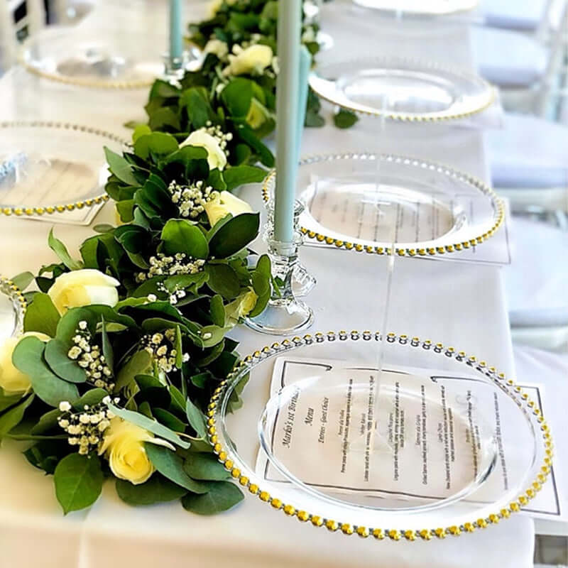 6-Pack Acrylic Charger Plates 13" Round Clear with Gold Beaded Rim - Decorative Dinner Party Serving Plates